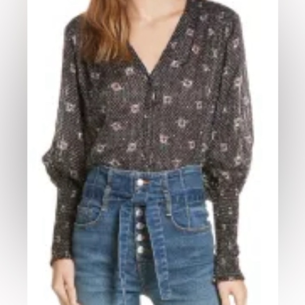 Veronica Beard Black Maree Bishop Sleeve Silk Shirt